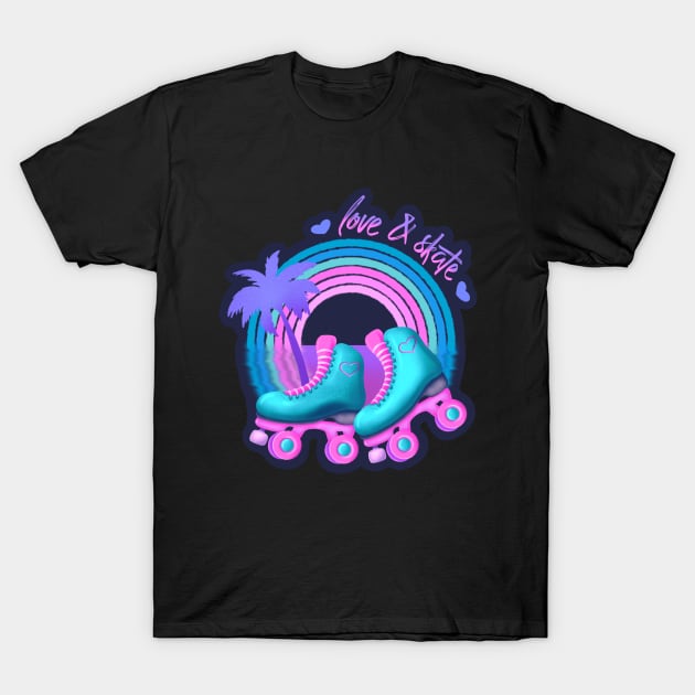 Love and Skate, Roller Skates, Rainbow and Palm Tree Pastels T-Shirt by Guided by Light Art